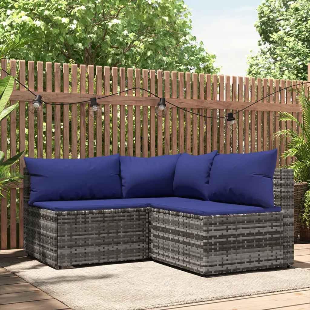 Patio Seating 3 Piece Patio Lounge Set with Cushions Gray Poly Rattan