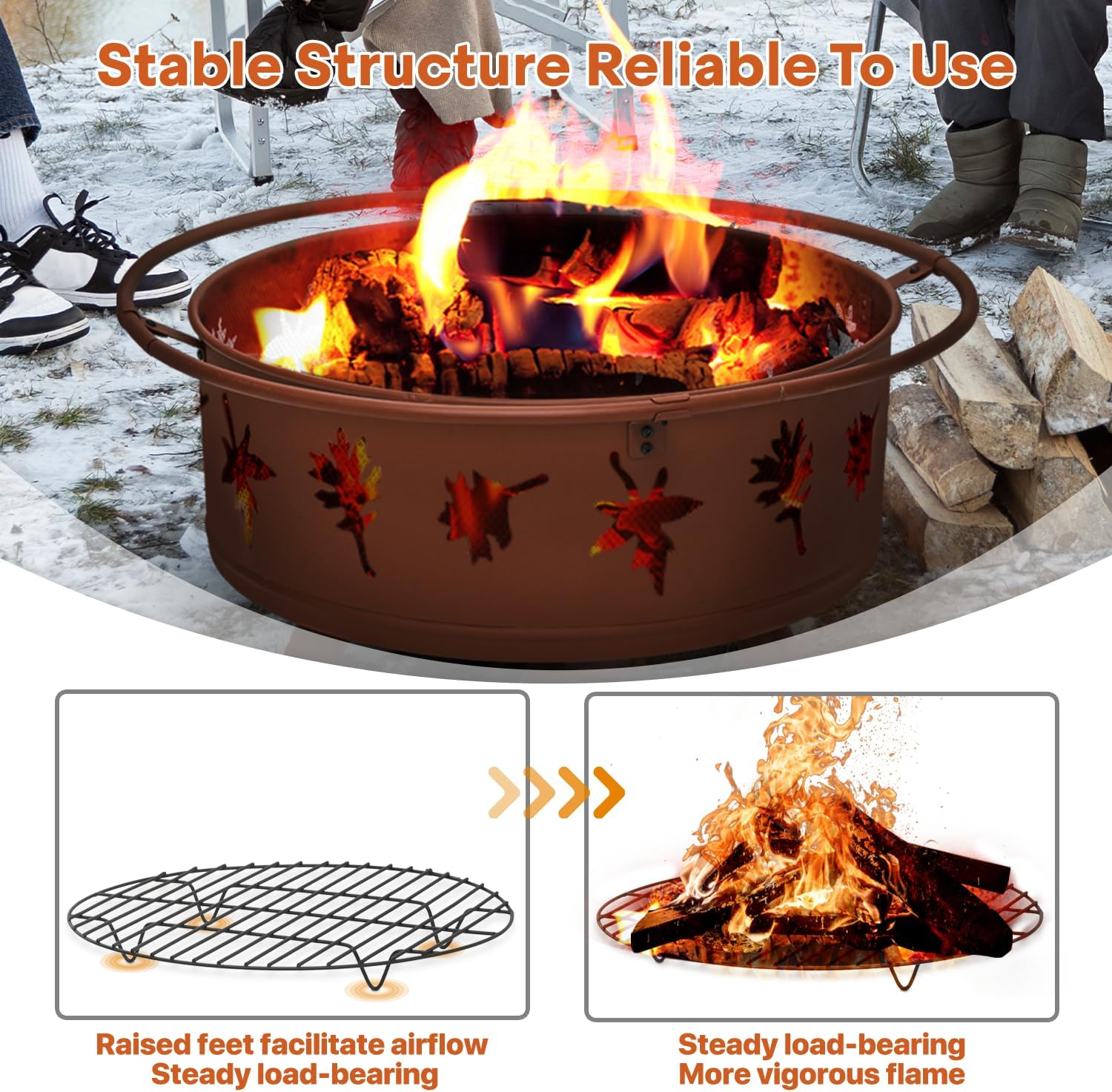32 Inch Outdoor Fire Pit, 2 in 1 Metal Round Wood Burning Fire Pit, Maple Leaf Cutout Large Fireplace Firepits for Outside Patio Backyard Bonfire BBQ with Spark Screen, Poker, Grate, Gold
