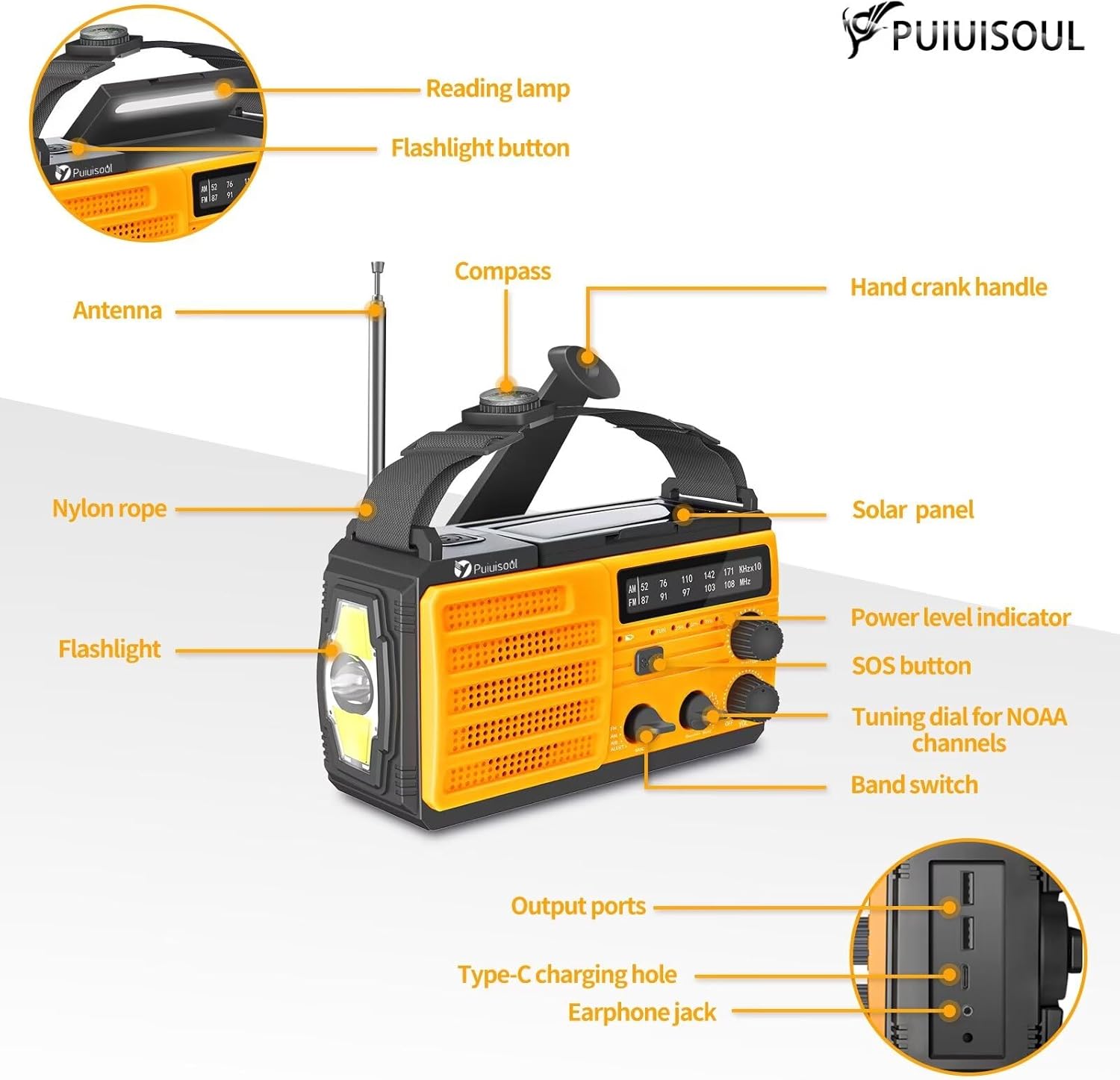 Emergency-Radio,Puiuisoul 8000mAh Portable Weather Solar Radios with Hand Crank,Reading Lamp,3 Gear LED Flashlight,SOS Alarm,AM/FM/NOAA,Headphone Jack