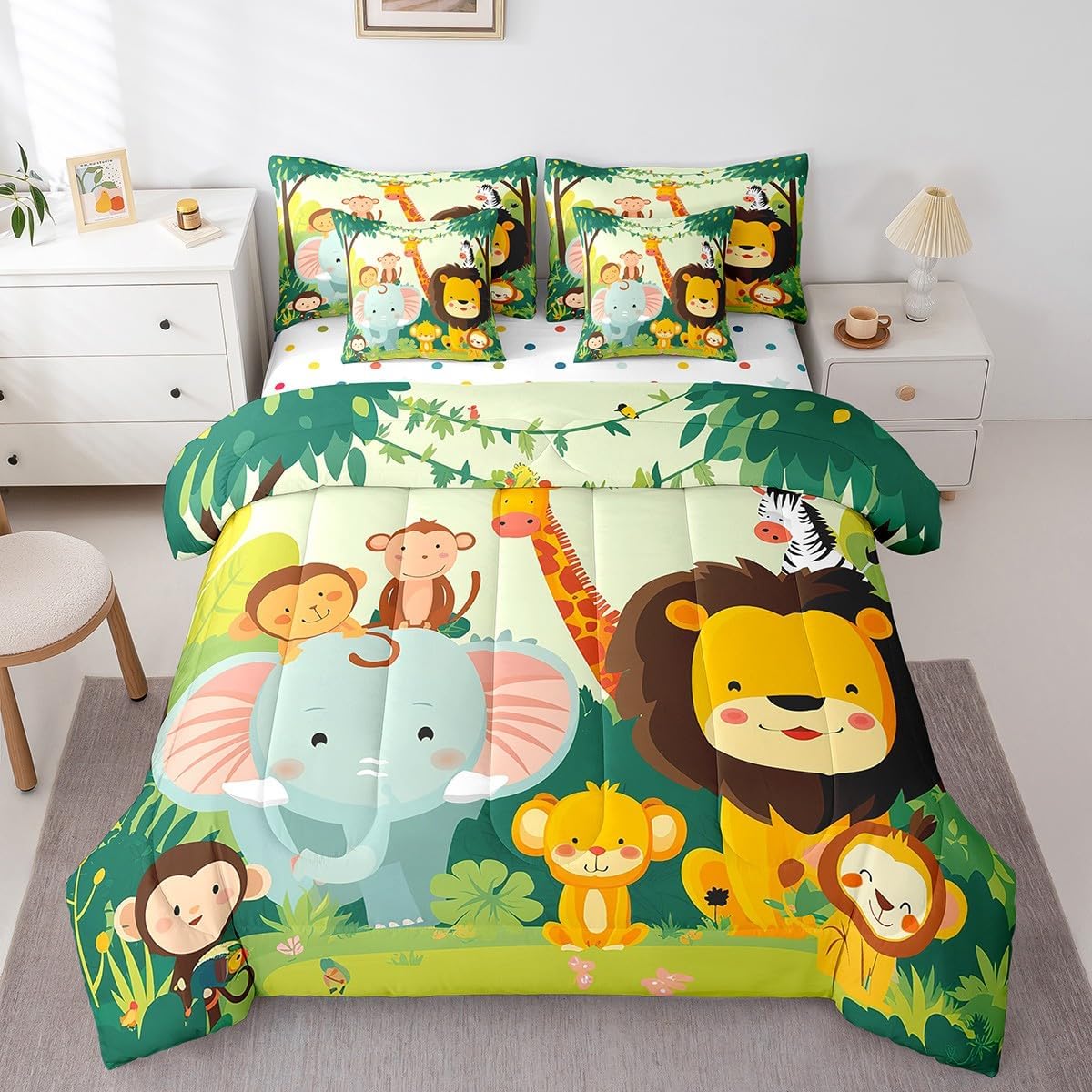 Erosebridal Cartoon Zoo Twin Comforter Set 7-Piece, Animals Cute Theme Bedding Accessories, Elephant Kawaii Giraffe Bed in a Bag, Green Safari Monkey Bed Sheets Set for Kids Adults Teens