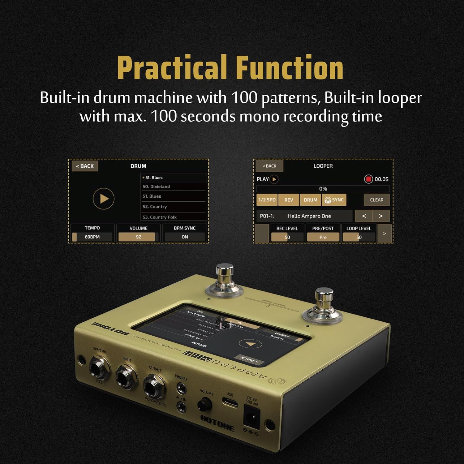 Hotone Guitar Bass Processor Multi-Effects Touch Screen Guitar Bass Amp Modeling IR Cabinets Simulation Stereo OTG USB Audio Interface Multi Language Ampero Mini (Mustard)