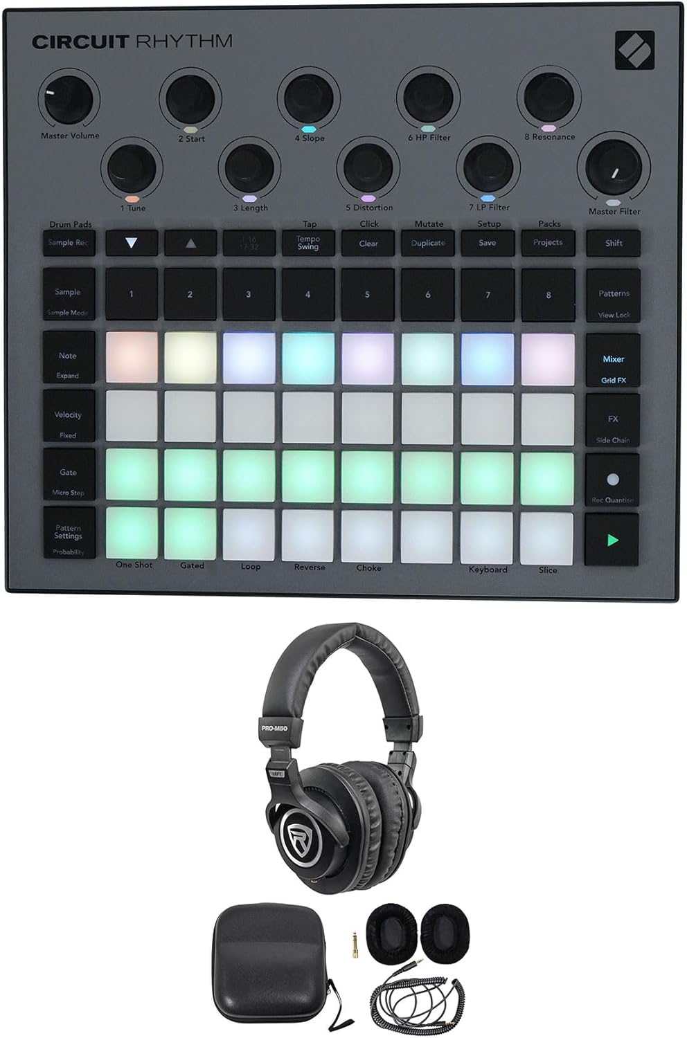 Audiosavings Bundle: Novation Circuit Rhythm Beatmaking Sampler Groovebox/Drum Machine/Sequencer Bundle with Rockville PRO-M50 Studio Headphones w/Detachable Coil Cable, Case+Extra Ear Pad (2 Items)