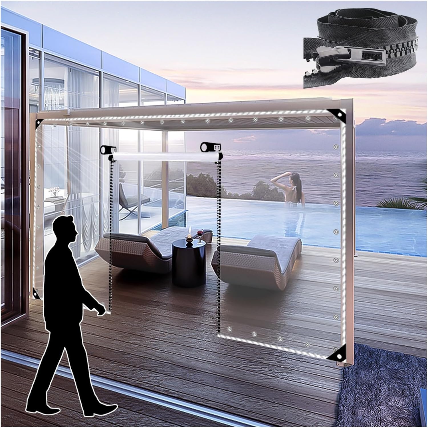 Clear Tarp Waterproof Heavy Duty with Grommets,Zippered,100% Waterproof,Thickened Tear Resistant,0.5mm Clear Awning Canopy Patio Tent Enclosure,for Gardening Farming Nursery(H2.4xW10m/H7.8xW32.8ft)