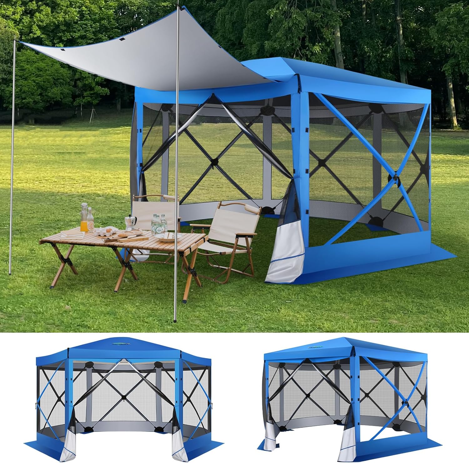 COBIZI 12x12 Pop up Gazebo Screen House Tent for Camping, Outdoor Canopy with Removable Roof & Mosquito Netting, Portable Hub with Carrying Bag and Ground Stakes, Blue