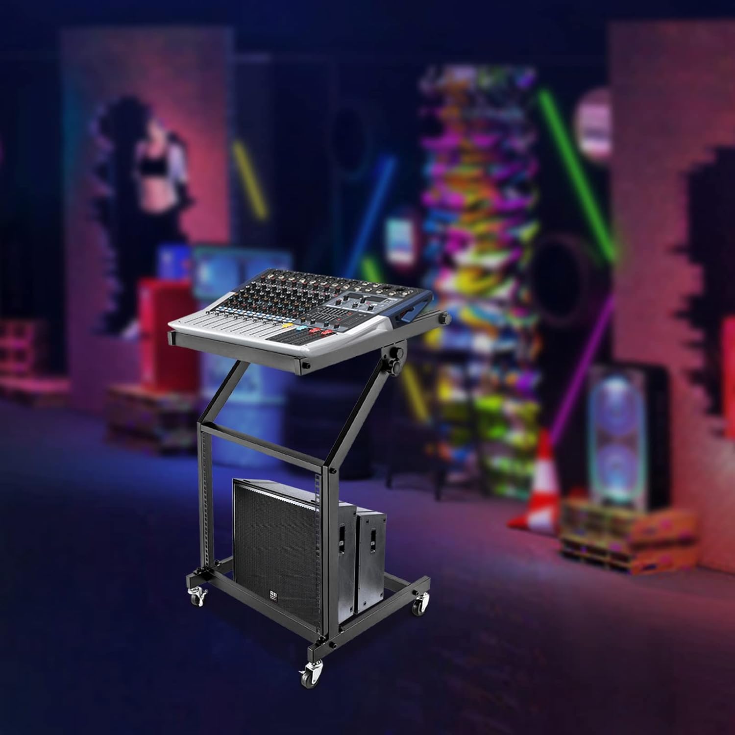 Studio Mixer Stand, 9U Rack Mount Mixer Case Stand, Adjustable Studio Equipment Cart, Stage Amp DJ Rolling Black For Stage or Studio Amplifier, Effects