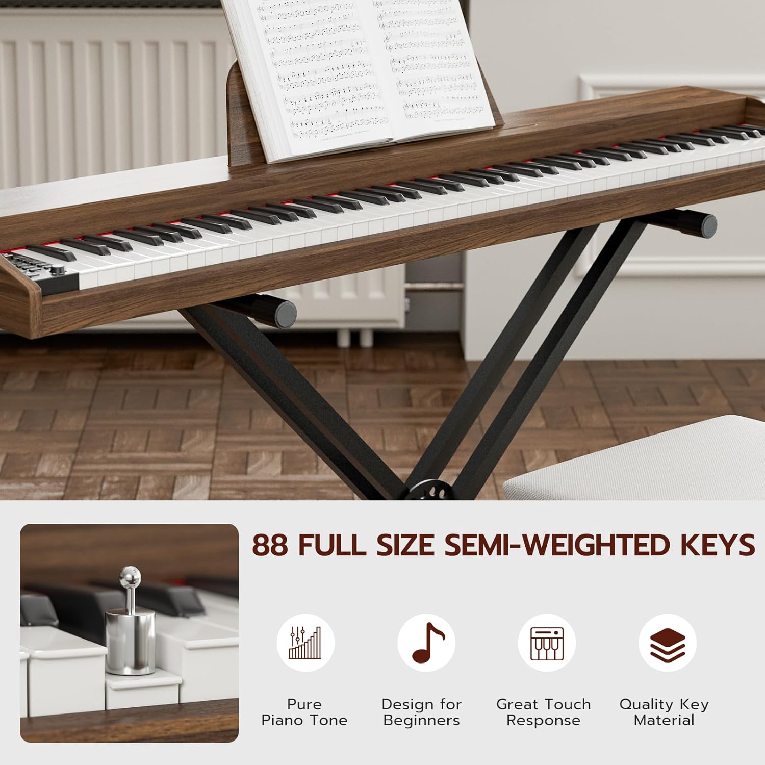UMOMO U-723 88 Key Digital Piano Keyboard with Piano X Stand, Full Size Electric Piano with Headphone, 3 Pedal, Electronic Piano for Beginner, Adults, Walnut