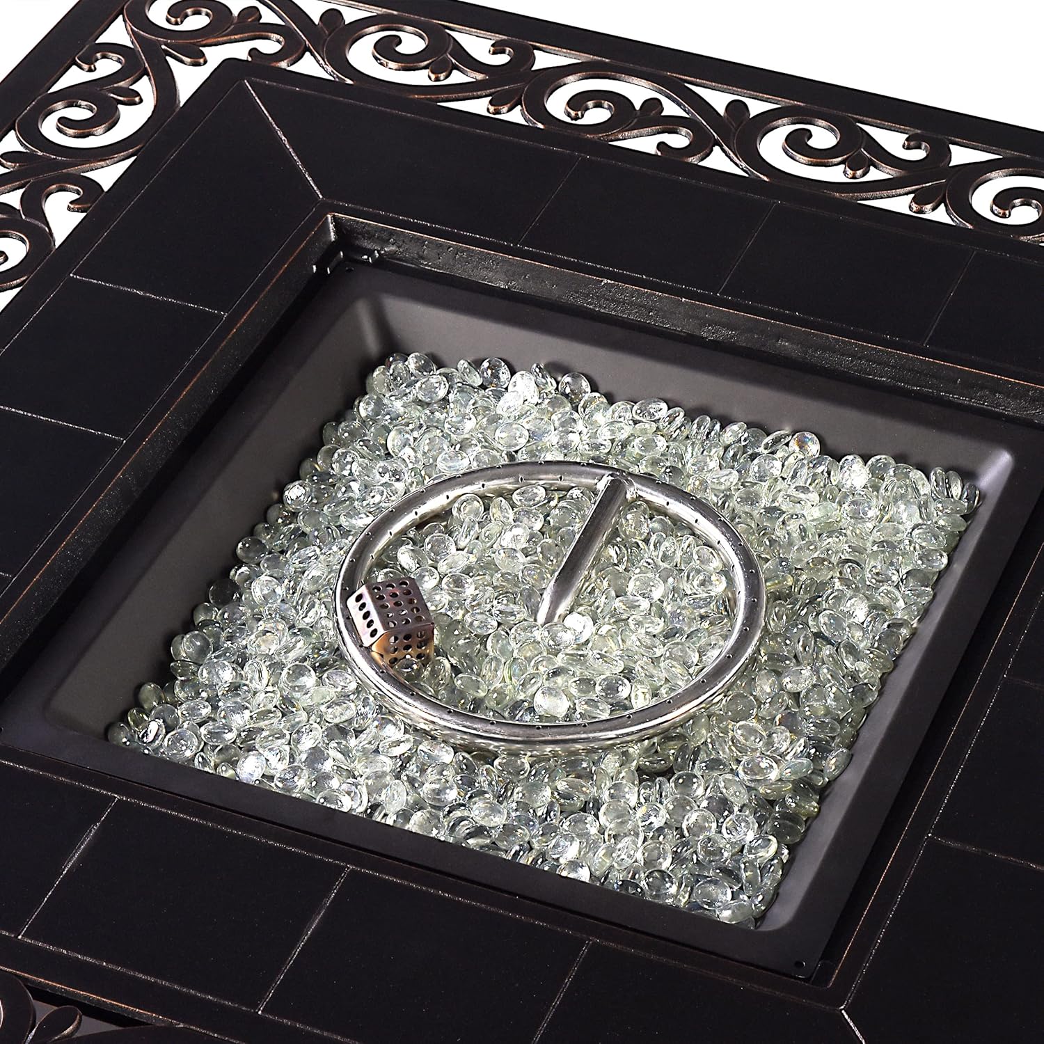 Aluminum 57,0000 BTU 42 in. Square Propane Black Fire Pit Table with Fire Beads, Lid, Propane Tank Cover and Table Fabric Covers in Copper Finish