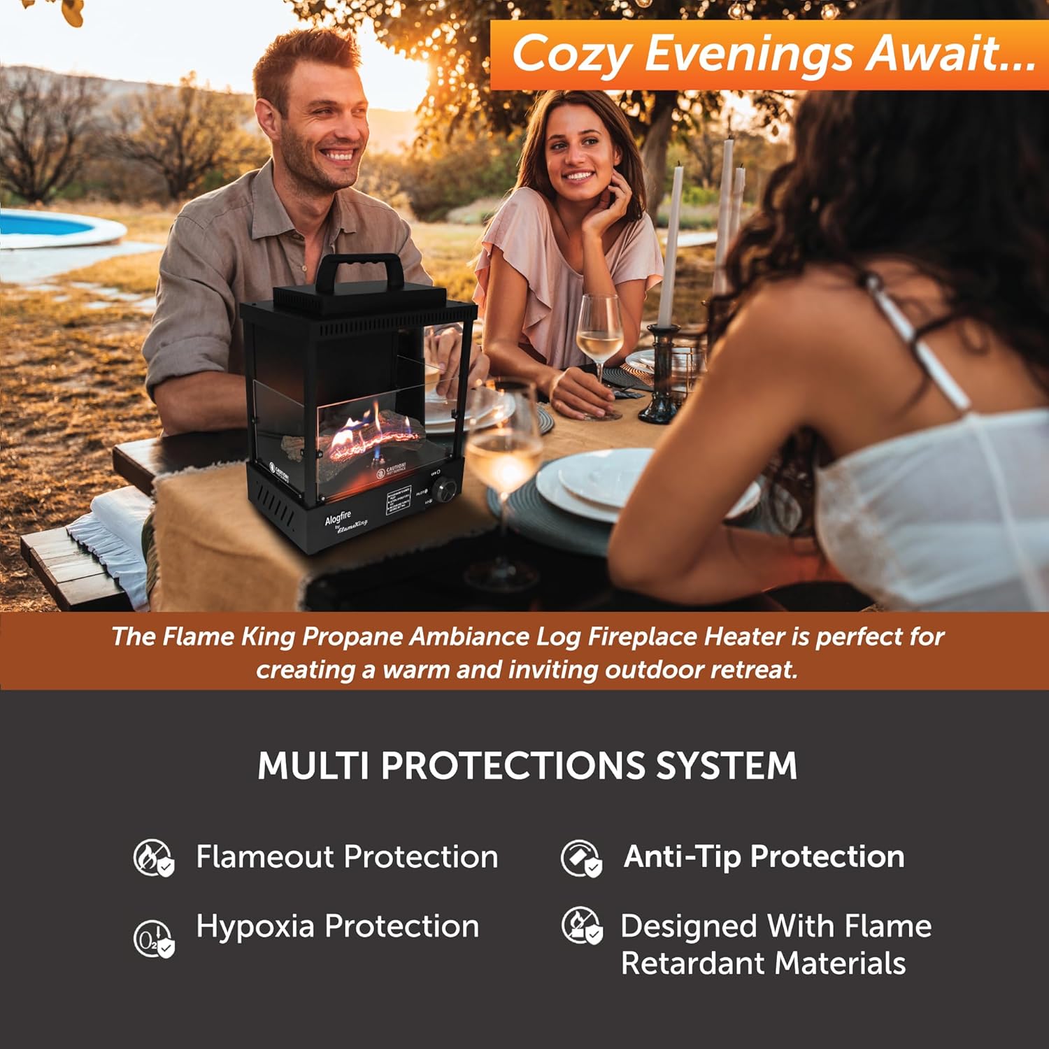 Flame King ALOGFIRE Propane Ambiance Log Fireplace Heater, Clean and Smokeless Dancing Flames, Indoor and Outdoor Use, for Campers, Patios, and Workshops