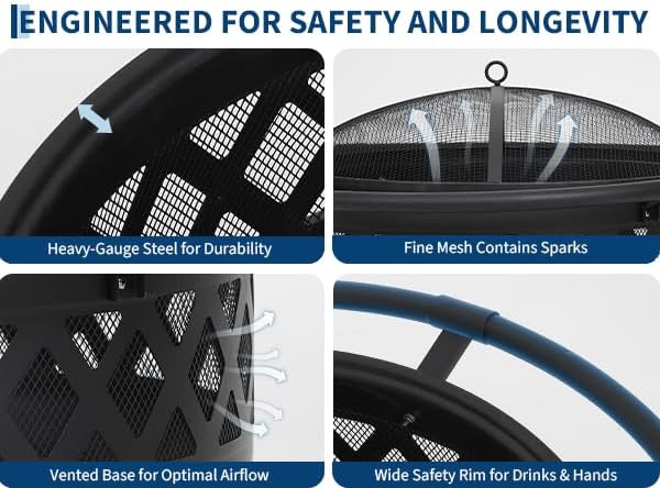 36-Inch Wood Burning Fire Pit with Lid & Poker Heavy Duty Cold-Rolled Steel Outdoor Firepit for Patio, Backyard, Picnic, Camping, Includes Spark Screen and Carry Handle