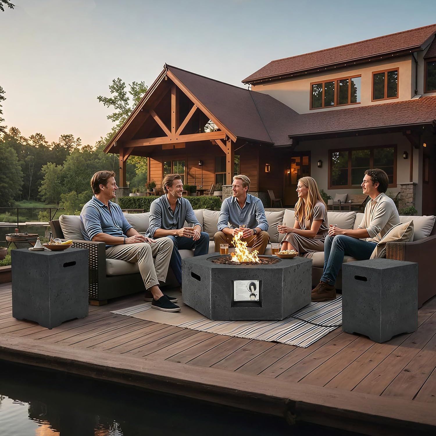 ECOTOUGE 2-Piece Propane Fire Pit, Outdoor Gas Fire Pit Table w/Tank Cover, 30''Auto-Ignition Steel Fire Table, 50,000 BTU Hexagon Concrete Fire Pit w/Weather-Resistant Pit Cover, Lava Rocks, Black