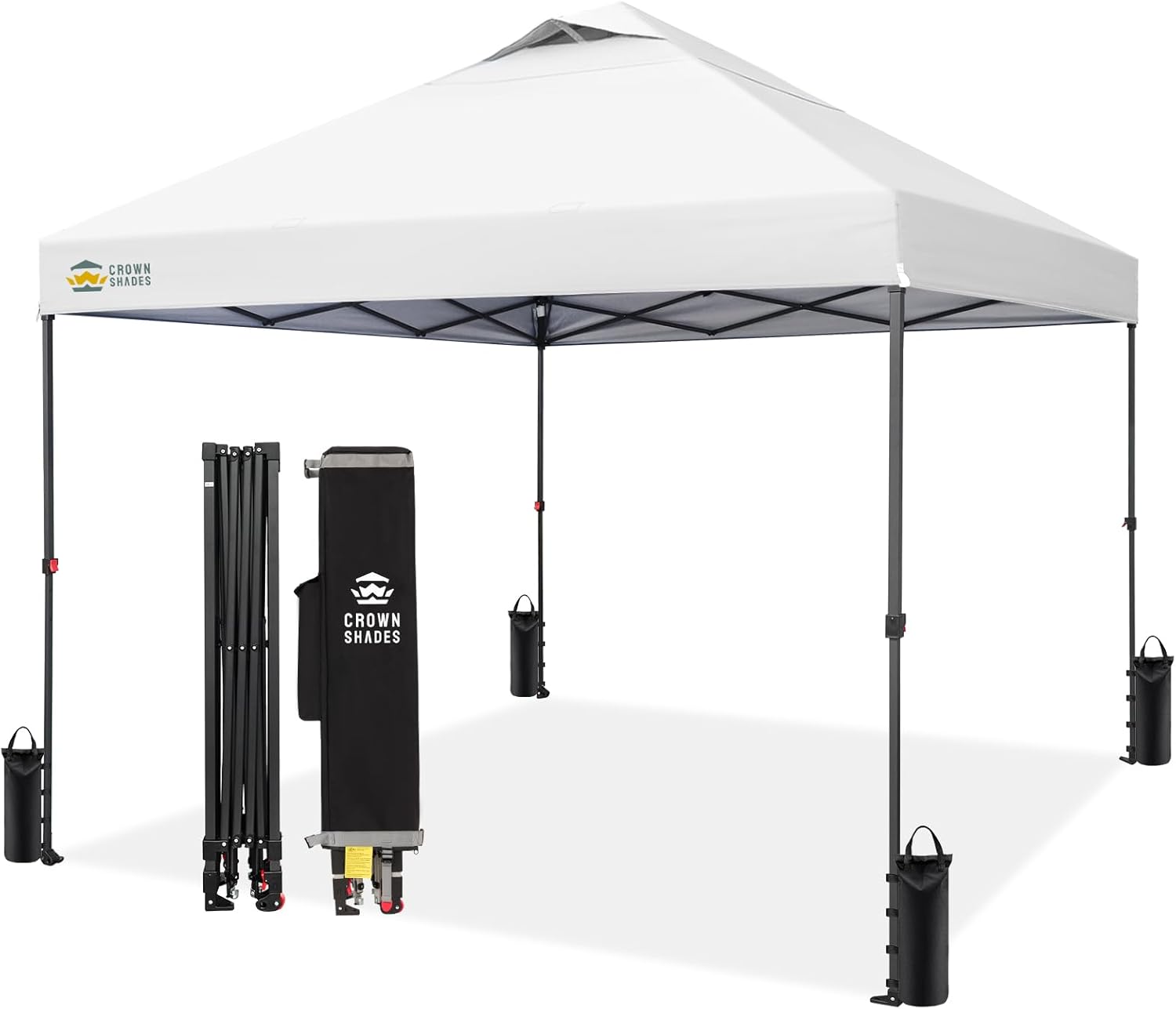 CROWN SHADES 10x10 Pop Up Canopy - Patented Center Lock One Push Instant Outdoor Canopy Beach Tent with STO-N-Go Bag 8 Stakes & 4 Sand Bags，White