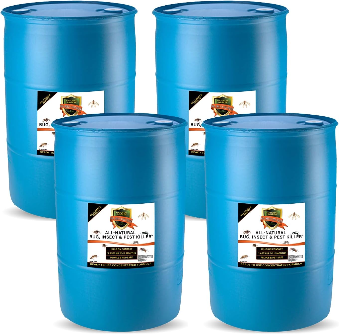 Natural Bug, Insect & Pest Killer & Control Including Fleas, Ticks, Ants, Spiders, Bed Bugs, Dust Mites, Roaches and More for Indoor and Outdoor Use, 4-55 Gallon Drums