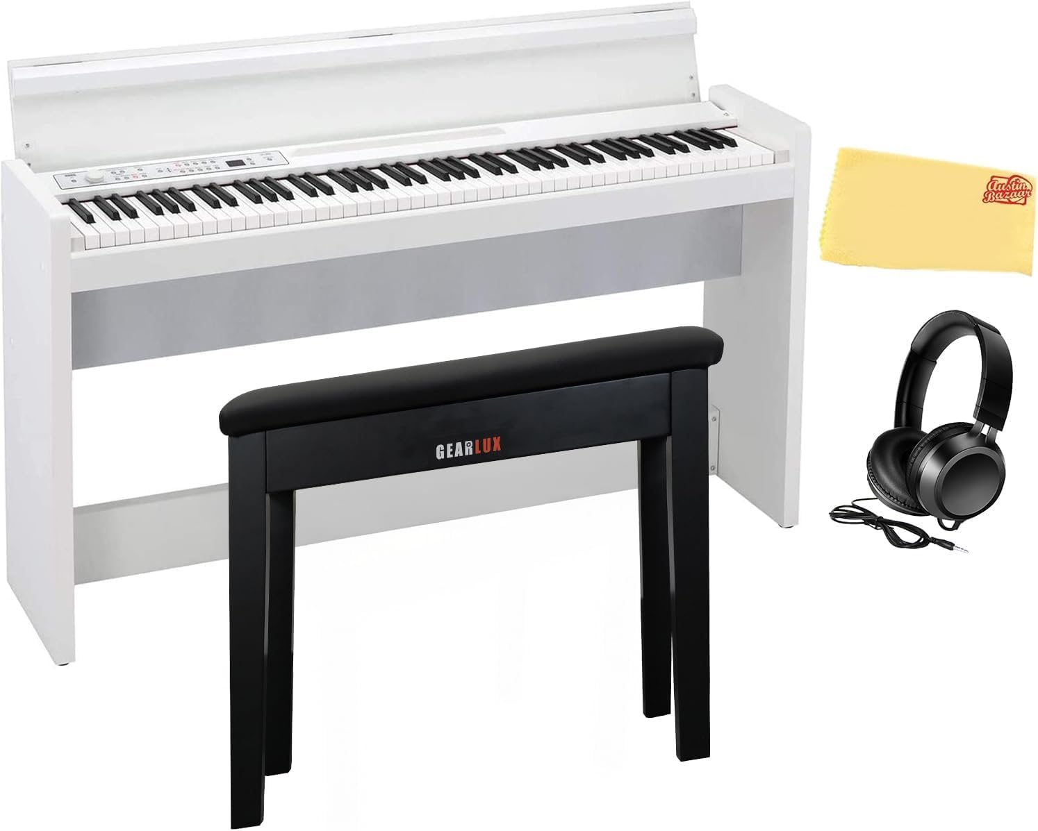 Korg LP-380 Digital Piano - White Bundle with Furniture Bench, Headphones, and Austin Bazaar Polishing Cloth