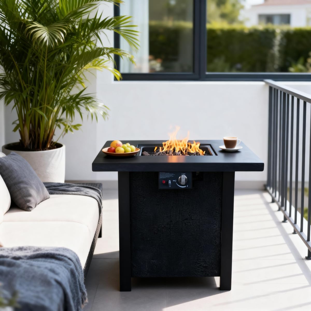 28-inch Square Propane Fire Pit Table, 50,000 BTU Outdoor Patio Heater with Rattan Weave Texture & Cover, Black CSA Certified Gas Fire Pit for Garden