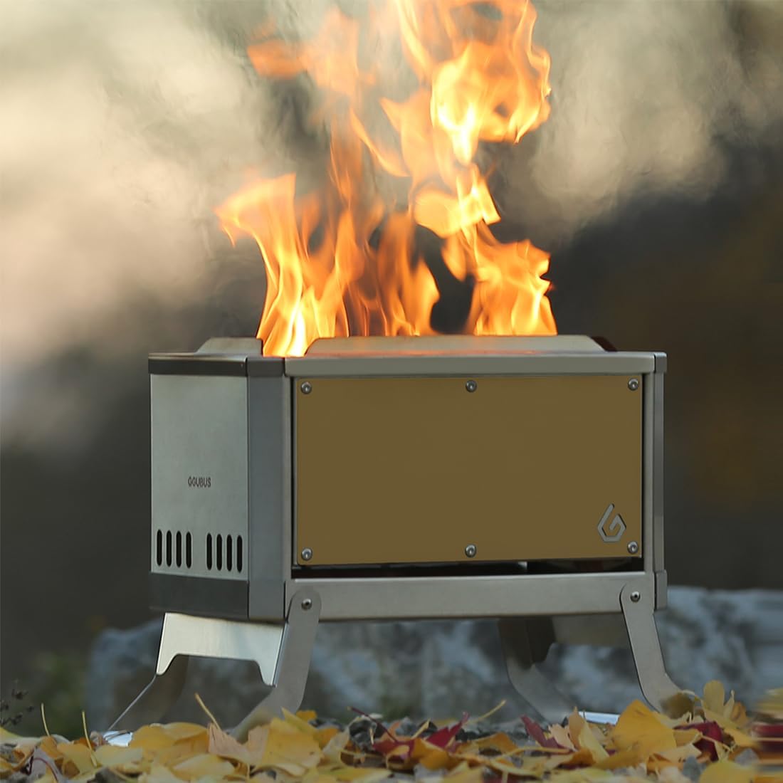 GGUBUS Wild Hunter Triple Combustion Camping Fire Pit – Foldable, Portable Dual Grill & Bonfire Stove, Low-Smoke, Triple Airflow, Ceramic-Coated, Tool-Free Assembly, Carry Bag (Khaki)