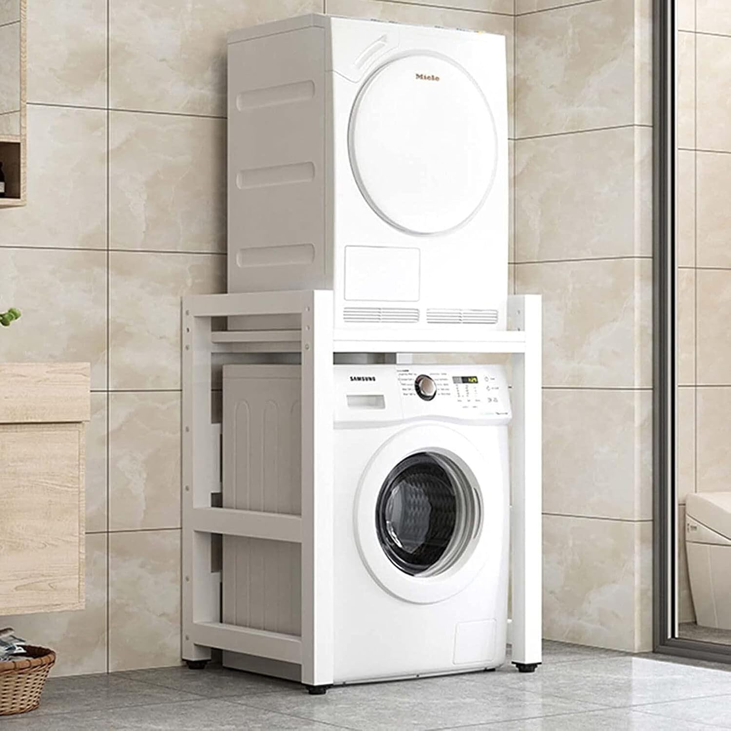 Washing Machine Shelf Drum Dishwasher Storage Shelf Floor 2 Tier Dryer Upper Stacking Rack Suitable for Bathroom, Kitchen, Balcony, Laundry Room, Bearing Capacity 300kg