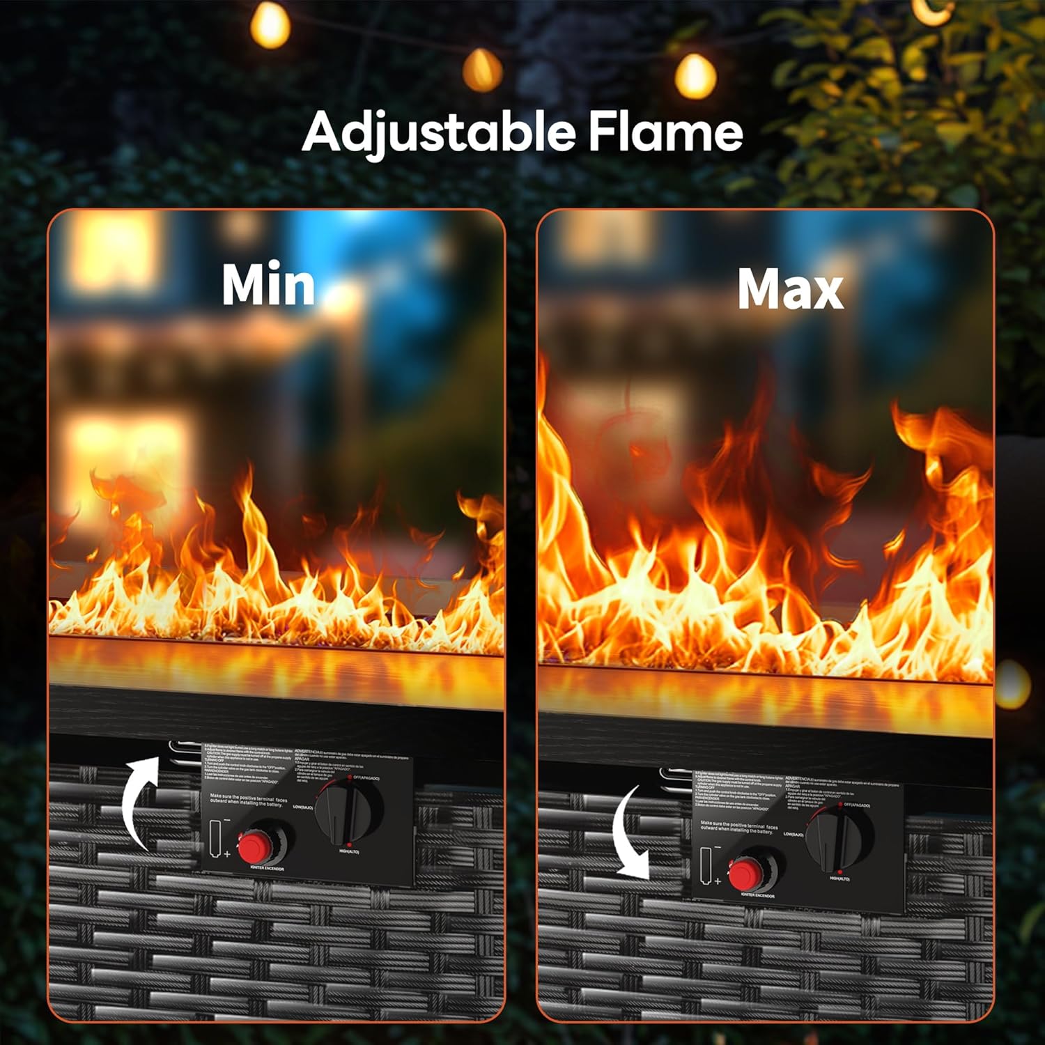 43” Outdoor Propane Fire Pit Table, 50,000 BTU Square Rattan Gas Fire Pit with Lid & Blue Crystal Stones, Steel Tabletop, Adjustable Flame, 4-in-1 FirePit Table for Patio, Backyard, Outdoor Gatherings