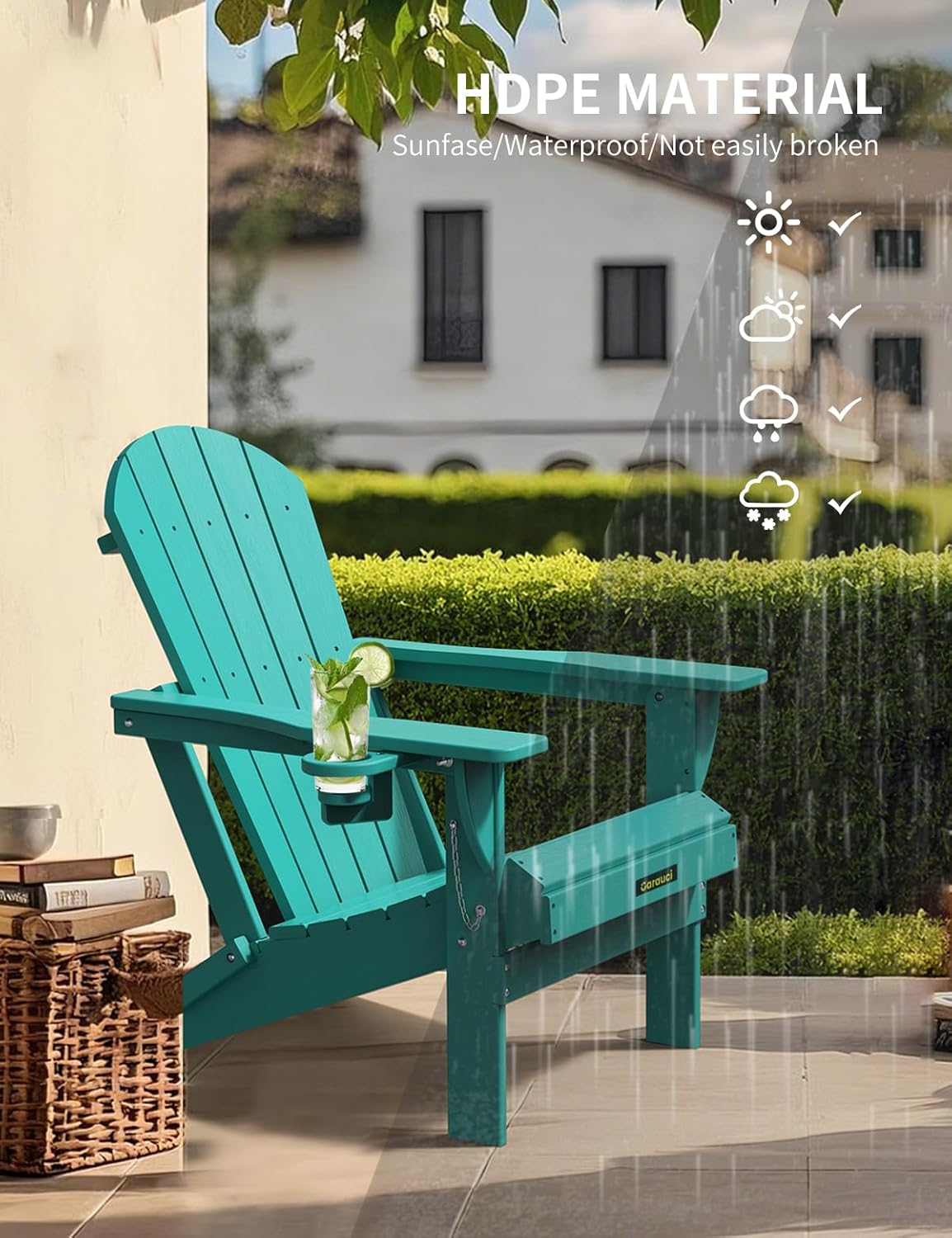 Plastic HDPE Adirondack Chair, Folding Adirondack Chair Weather Resistant with Cup Holder, Wooden Textured Fire Pit Outdoor Chair for Garden, Porch, Lawn, Backyard, Supports 380LBS, Lake Blue