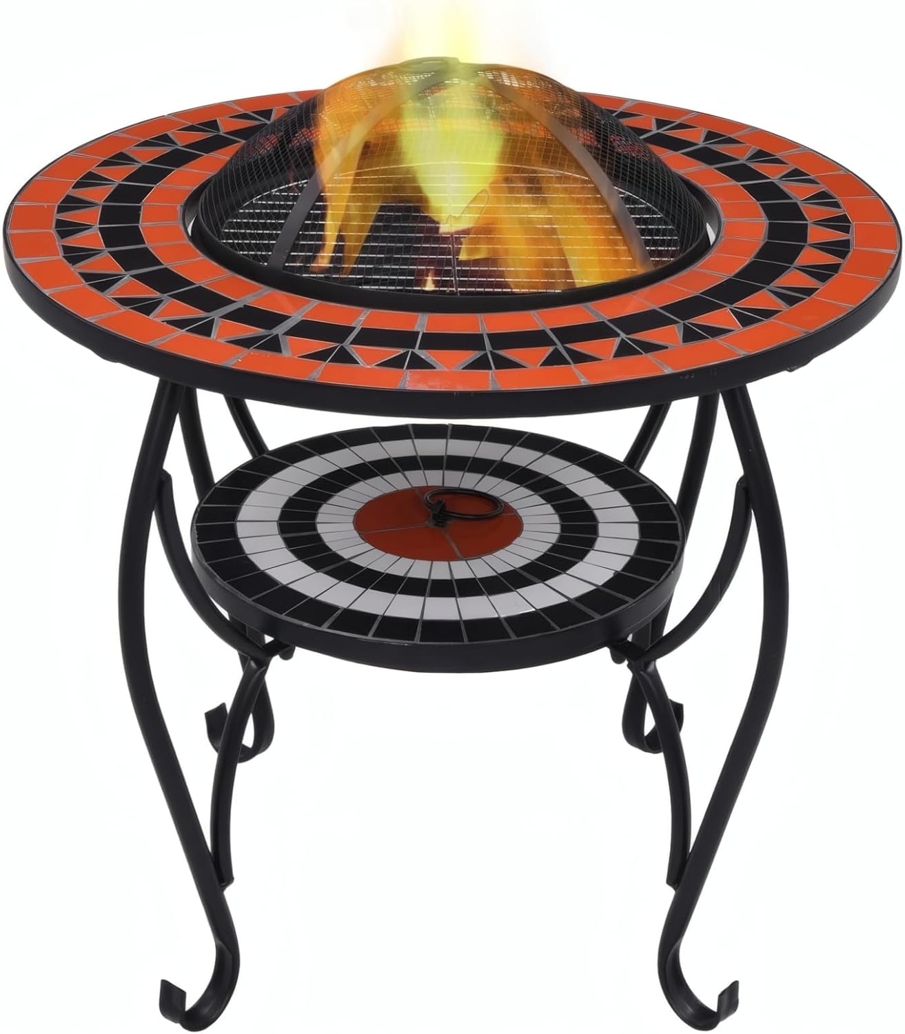 Penau Mosaic Fire Pit Table Ceramic Top, Outdoor Patio Firepit with Steel Fire Bowl and Four Leg Stand, Terracotta and White, 26.8 x 26.8 x 23.6 Inchs, for Backyard Garden Deck