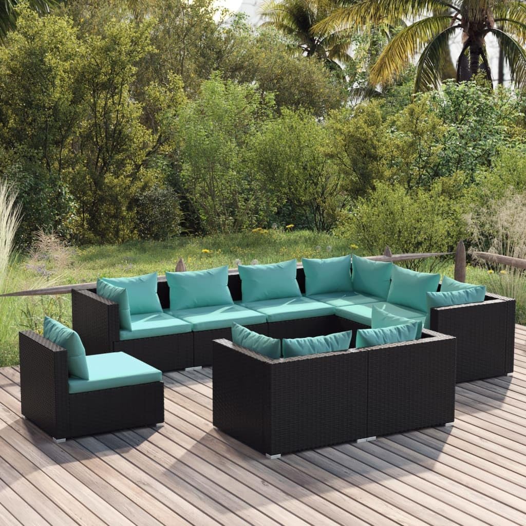 9 Piece Patio Lounge Set with Cushions Poly Rattan Black,Premium Patio Lounge Set: WaterResistant, Modular, and UltraComfortable Patio Furniture, Outdoor Furniture Sets