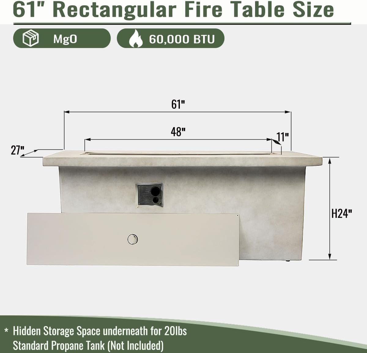 60-inch Outdoor Propane Gas Firepit Table 60000 BTU.Concrete Rectangular Fire Pit for Outdoor Patio,Gardens, Backyards.Removable Lid Outdoor Coffee Table, BBQs Table, Storage Cabinet-Light Grey