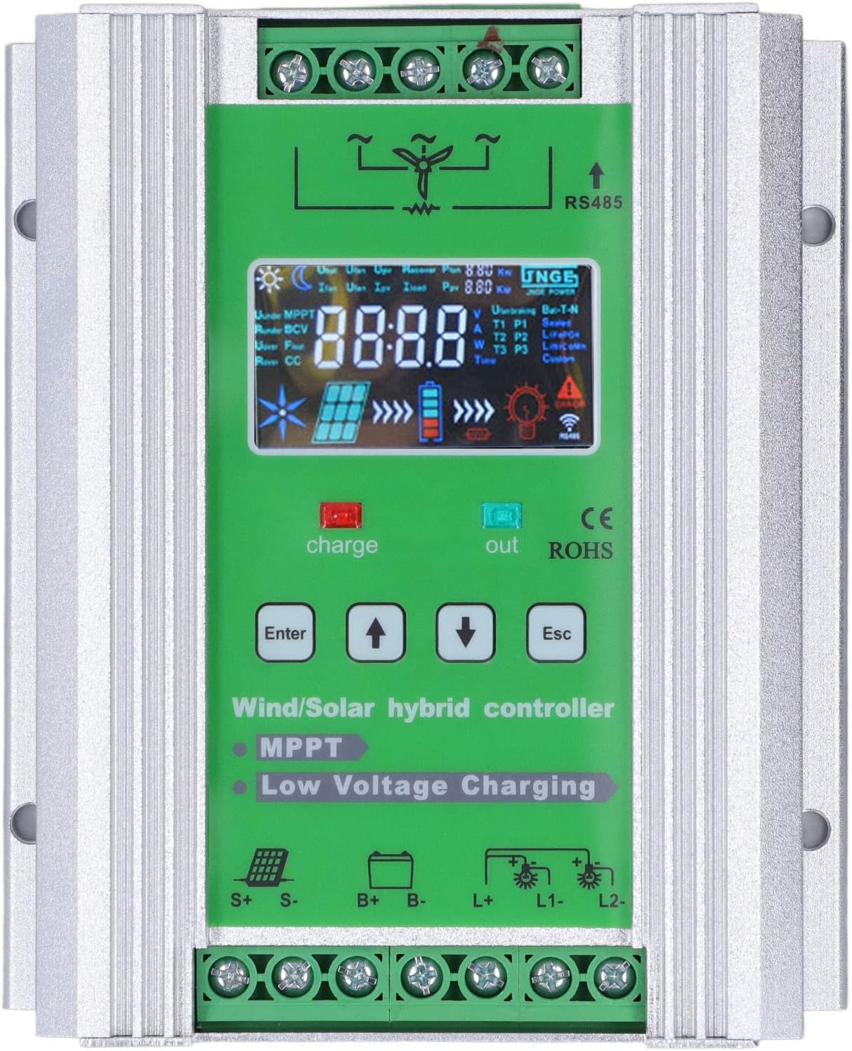Akozon Wind Solar Hybrid Charge Controller 1000W - Efficient MPPT Regulator for Wind and Solar Energy Systems (DC12V/24V)