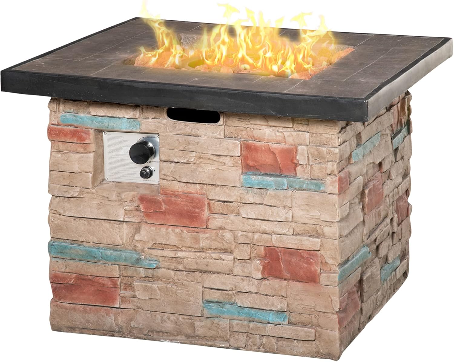Outsunny 32 Inch Outdoor Propane Gas Fire Pit Table, 50,000 BTU Auto-Ignition Rectangular Faux Ledge Stone Gas Firepit with Lava Rocks and Rain Cover, CSA Certification, Brown