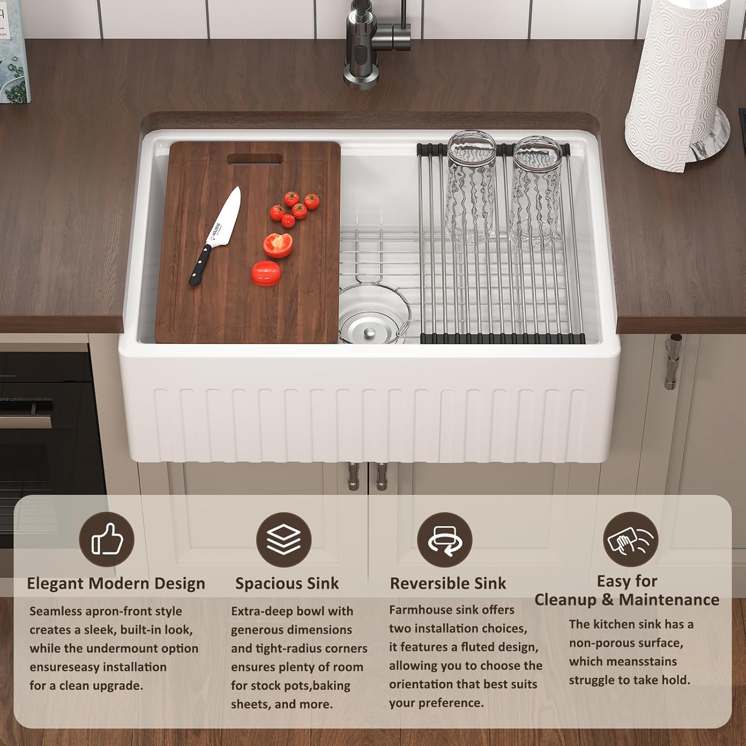 30 Inch Workstation Farmhouse Sink, White Fireclay Apron Front Kitchen Sink, Rectangular Undermount Sinks, Deep Deep Drop-in Single Bowl Reversible Sinks with Accessories