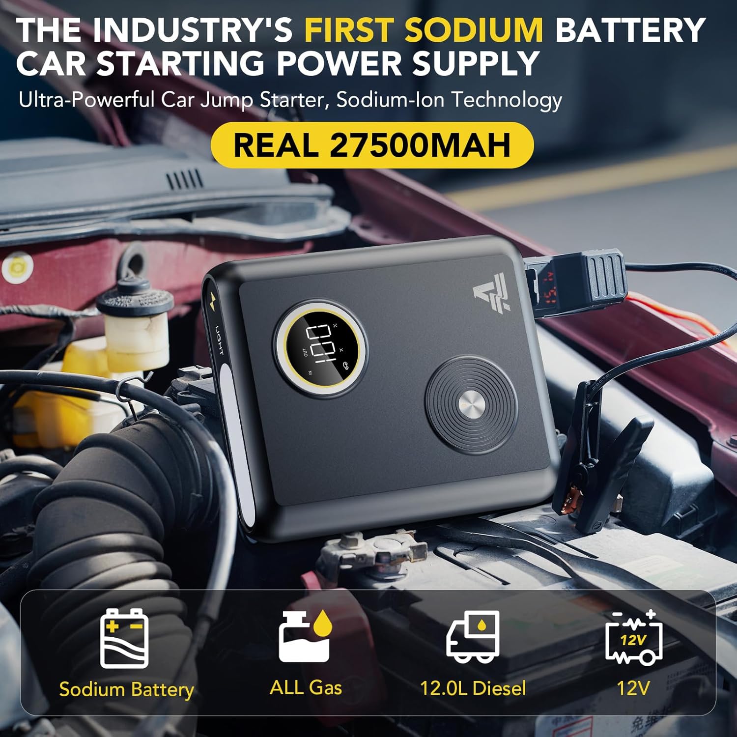 Industry's First Sodium 27500mAh 6000A Car Battery Jump Starter with PD 60W, 12V Portable Car Jump Starter for All Gas/12L Diesel Engine, 10-Year Standby Car Accessories with LED Display, 1500LM Light
