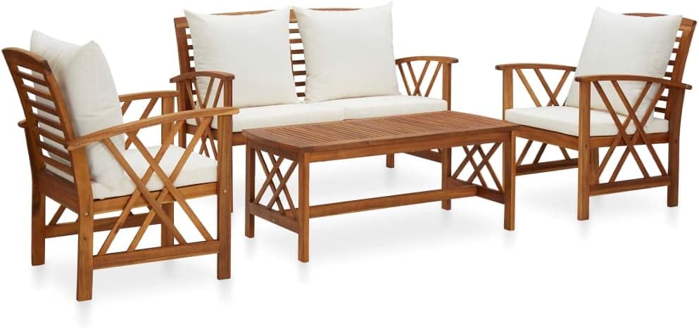4 Piece Patio Lounge Set with Cushions Solid Acacia Wood,Acacia Wood Patio Lounge Set with Cream White Cushions for Outdoor Garden Relaxation Patio Furniture, Outdoor Furniture Sets