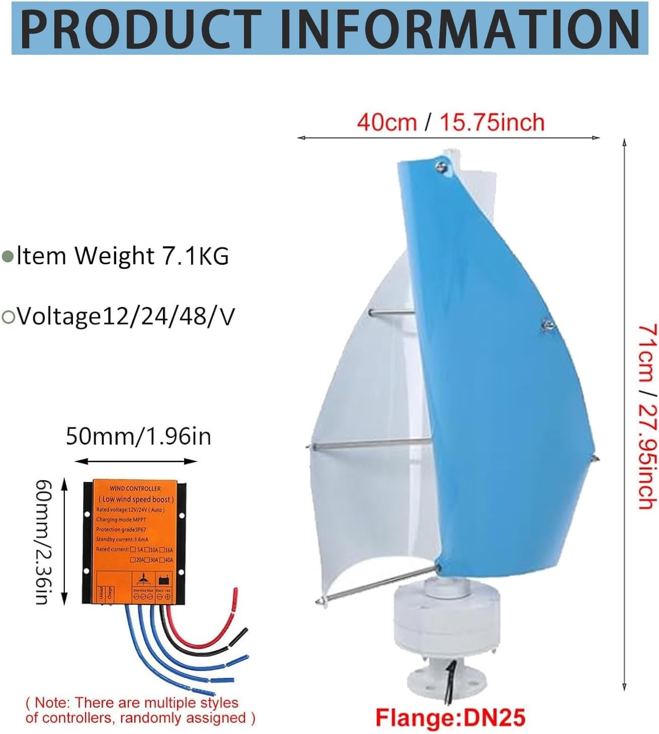 Magnetic Levitation Wind Turbine 18000W, 42.65ft/s Vertical Axis Generator for Home & Business, Eco-Friendly Windmill Kit with Controller, Hybrid Energy System (Blue, 48V)