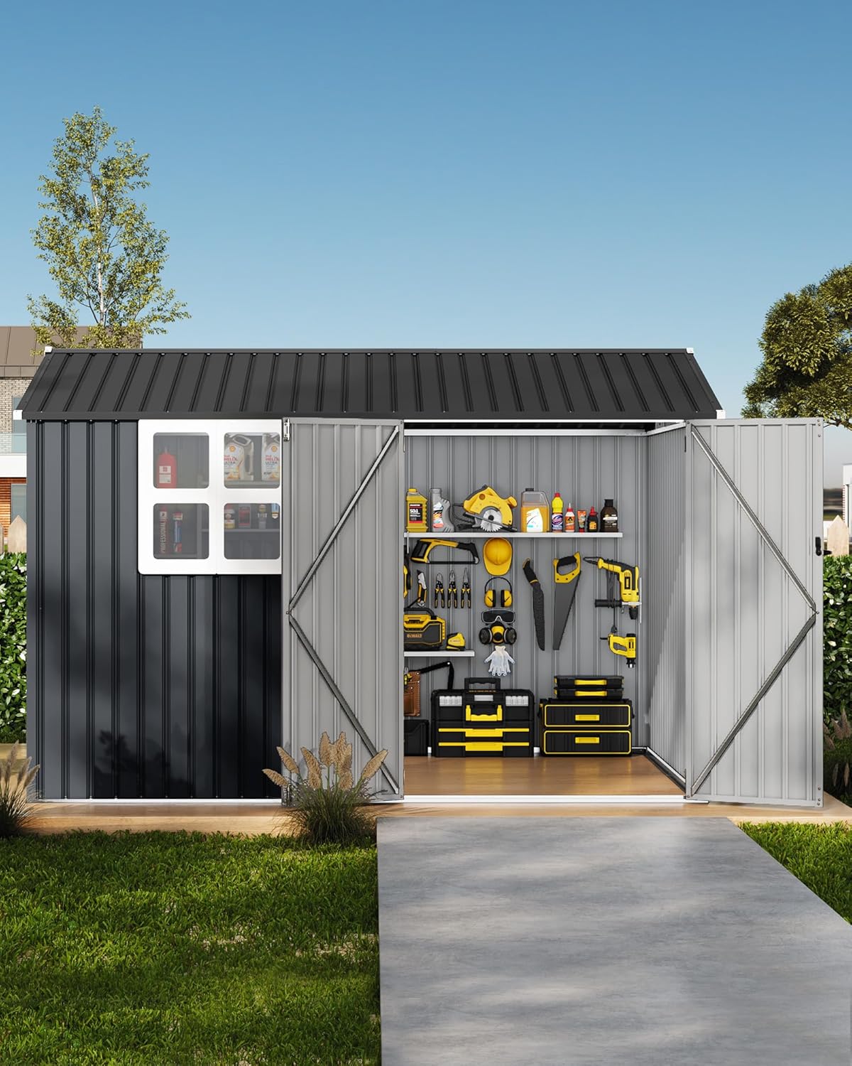 8x10 ft Outdoor Storage Shed, Metal Garden Tool Shed with Updated Frame Structure, Lockable Doors and Windows, Ideal for Backyard Garden Patio Lawn, Dark Gray