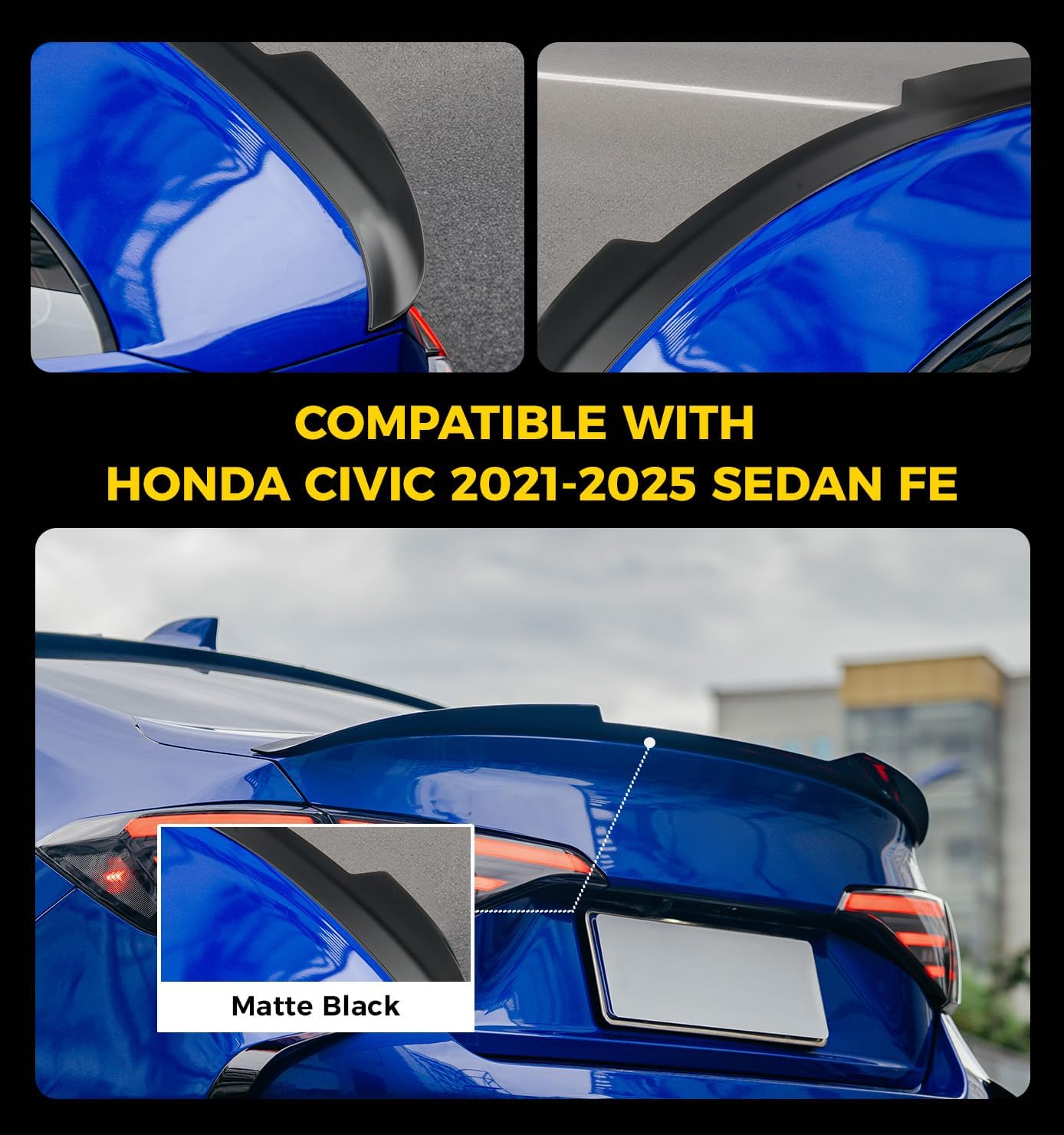 Xprite Rear Spoiler Compatible with 2021 2022 2023 2024 2025 2026 Honda Civic Sedan, JDM Style ABS Rear Trunk Lip Spoiler Wing for 11th Gen Civic – Matte Black
