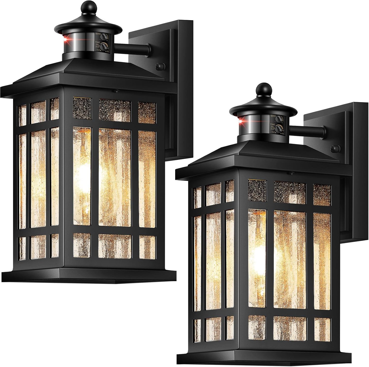 Motion Sensor Outdoor Light Adjustable Sensing Range, 2 Pack Black Dusk to Dawn Exterior Lighting Fixtures with Seed Glass, Aluminum Anti-Rust Outside Lights for House Garage Doorway Garden