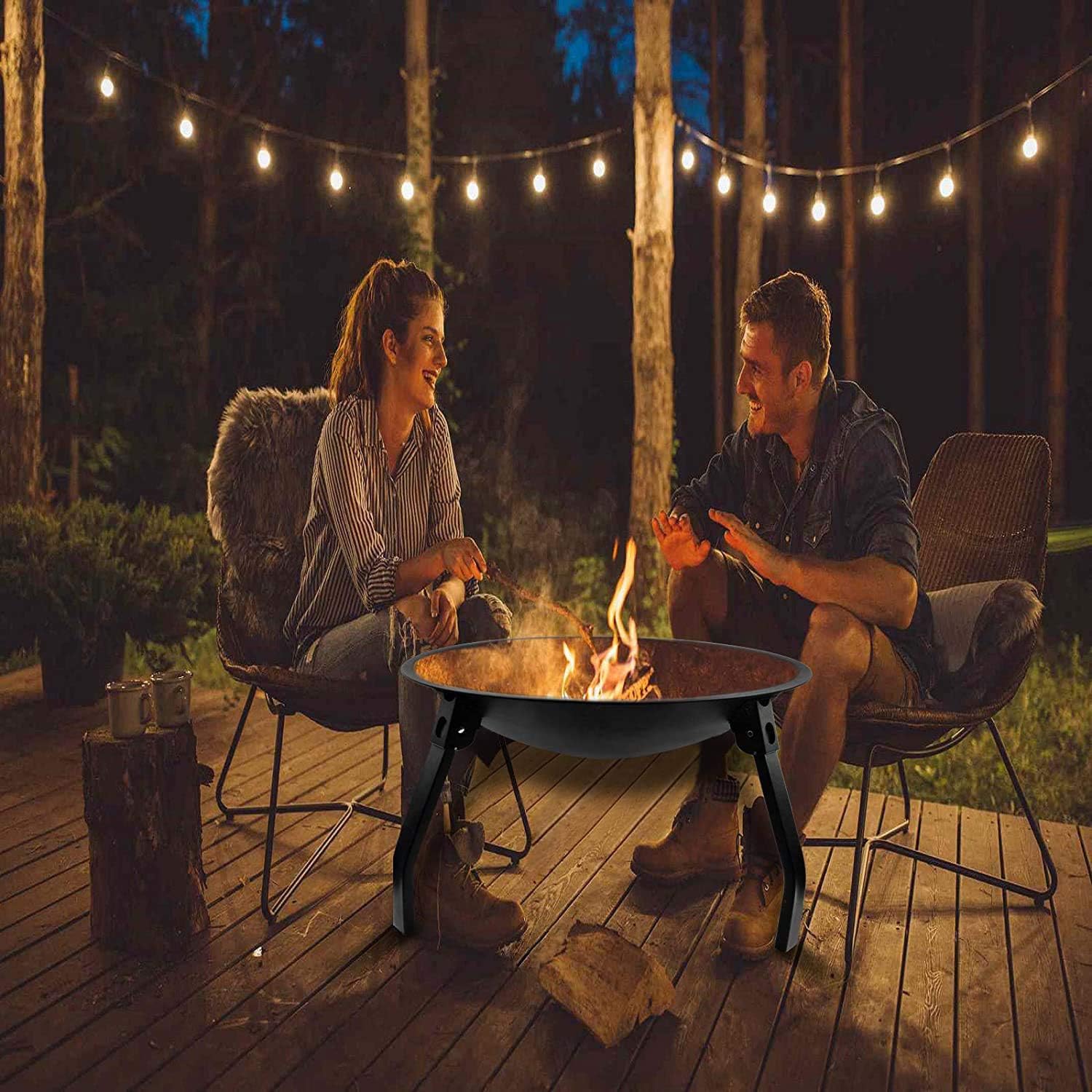 ItzZa Foldable Round Fire Bowl, with Firepalce Poker Waterproof Cover 22 Inch Patio Firepit, Outdoor Camping Fire Pits