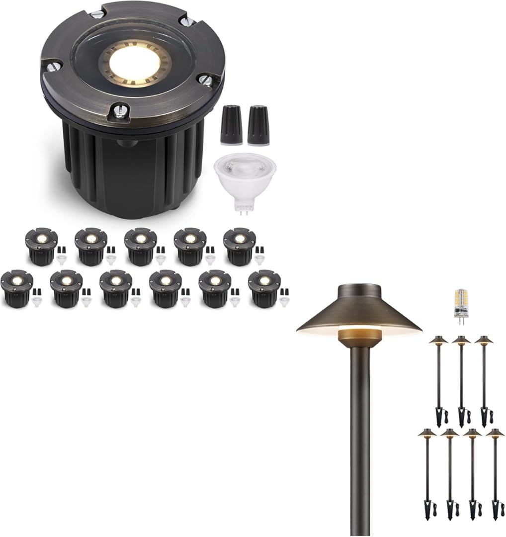 Gardenreet Low Voltage Landscape In Ground Lights Bundle, 12-Pack Brass 12V Well Light Wired, 8-Pack Brass LED Pathway Lights Outdoor, IP65 Waterproof with Bulb