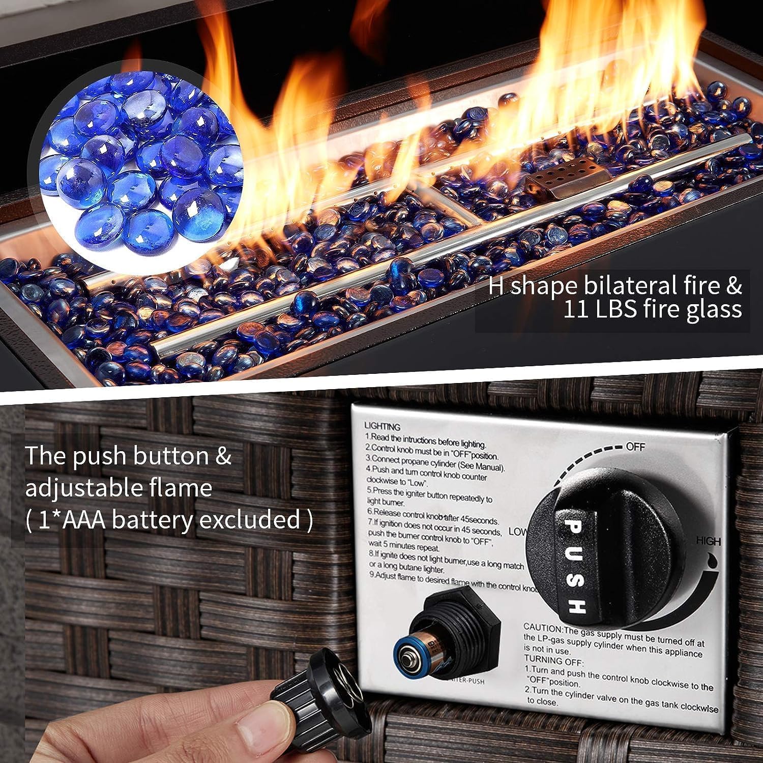U-MAX 44in Outdoor Propane Gas Fire Pit Table, 50,000 BTU Auto-Ignition Gas Firepit with Glass Wind Guard, Black Tempered Glass Tabletop & Blue Glass Rock, Brown PE Rattan, CSA Certification