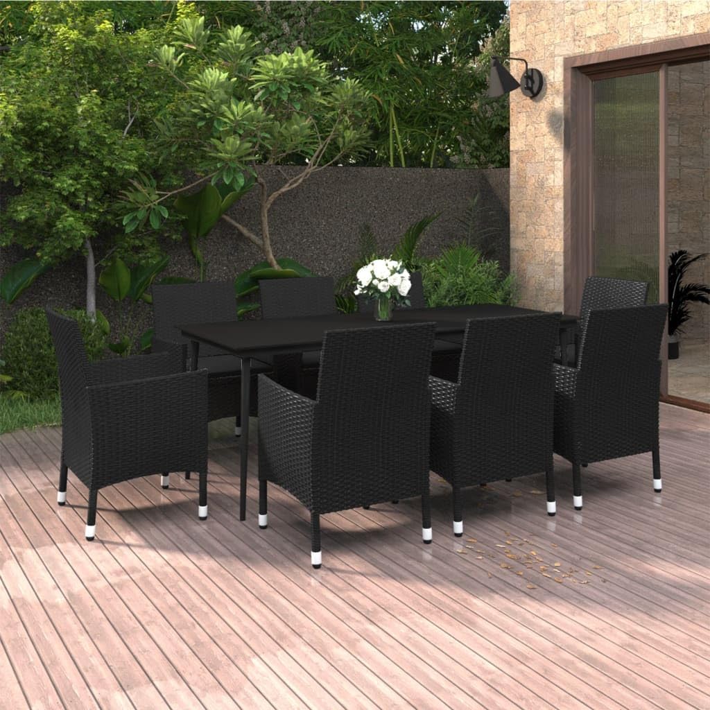 Furniture Sets 9 Piece Patio Dining Set with Cushions Poly Rattan and Glass,Stylish 8Piece Outdoor Patio Dining Set with Cushions in Black Garden Conversation Sets