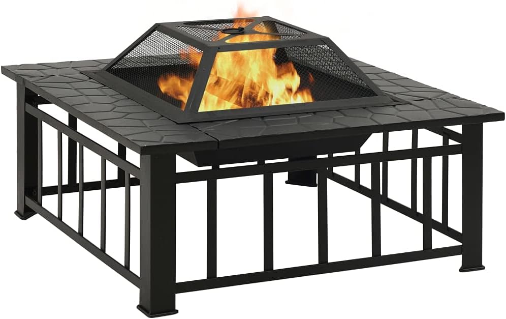 vidaXL Garden Fire Pit Set - XXL Black Steel Fire Pit with Poker and Mesh Cover, Heat Absorbing, Dual Purpose as Ice Bucket