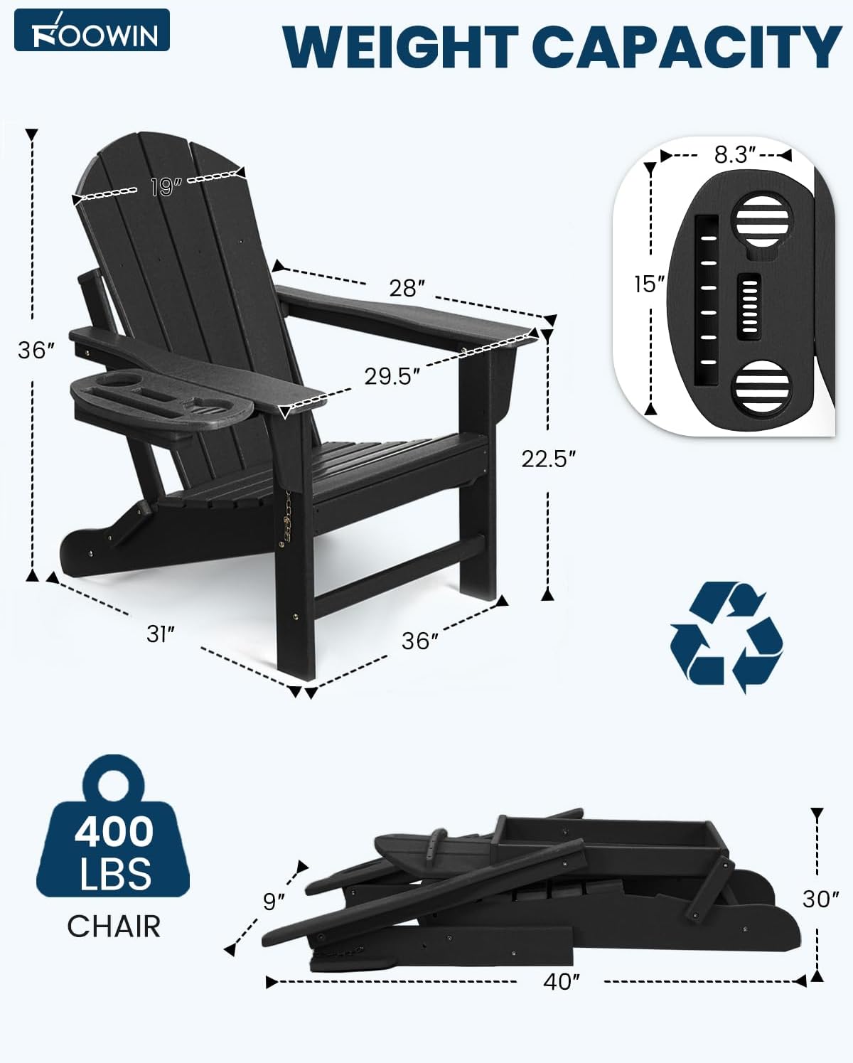FOOWIN Folding Adirondack Chair Set of 6, HDPE Adirondack Chairs with Cup Holder, Weather Resistant Plastic Fire Pit Chairs for Outdoor, Patio, Lawn, Garden, Backyard, Deck, Black