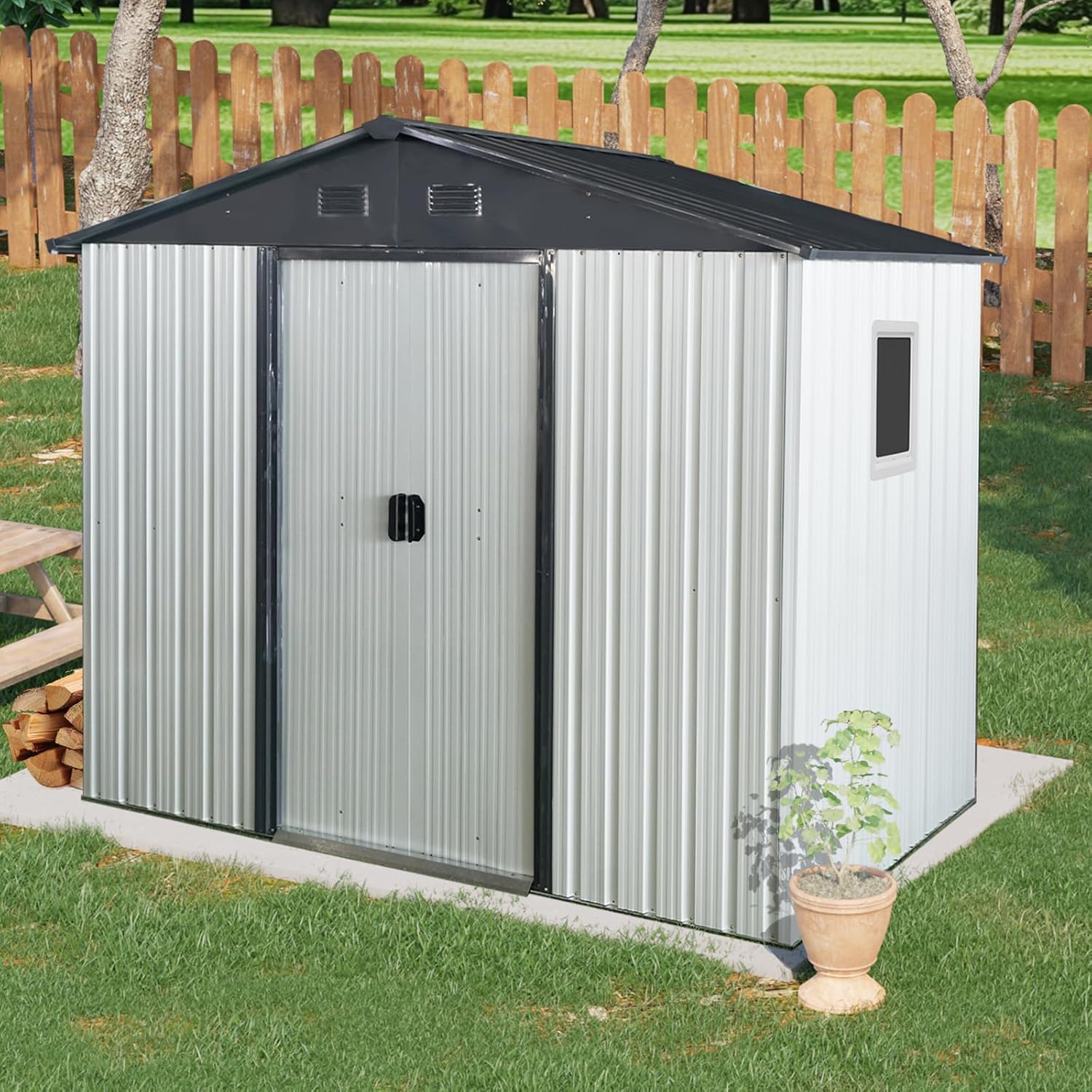 8x4 ft Outdoor Metal Storage Shed with Floor Foundation and Window, Lockable Galvanized Steel Tool Shed with Sliding Door and Air Vent, Waterproof Garden Storage House for Backyard, Patio