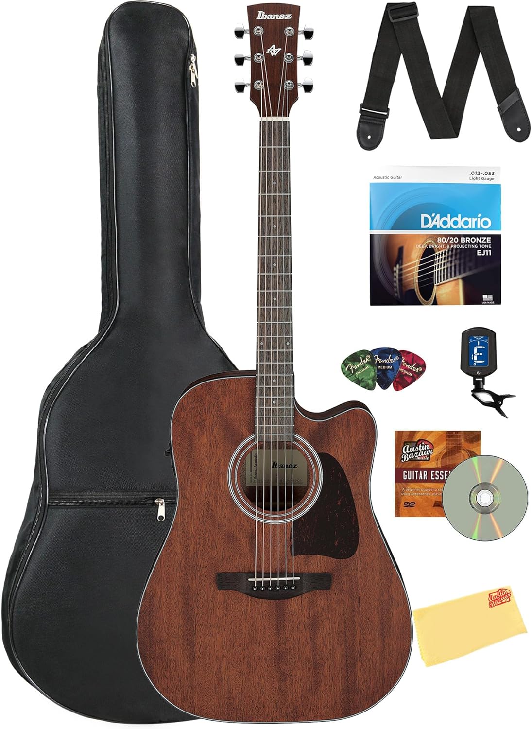 Ibanez AW54CE Artwood Traditional Acoustic-Electric Guitar - Open Pore Natural Bundle with Gig Bag, Tuner, Strap, D'Addario Strings, Picks, Austin Bazaar Instructional DVD, and Polishing Cloth