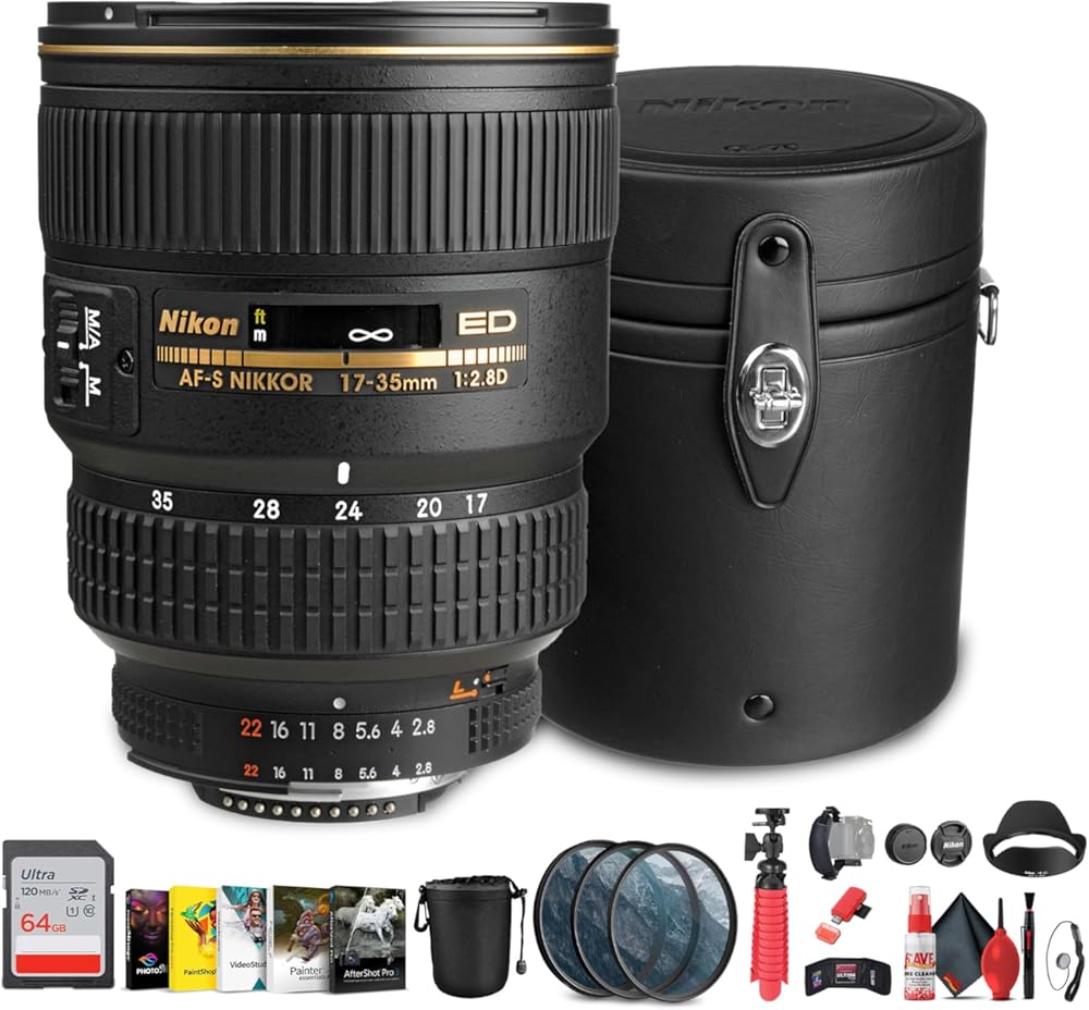 Nikon AF-S Wide-angle Zoom-NIKKOR 17-35mm f/2.8D IF-ED Lens | Pro Optics & Silent Autofocus (1960) + Sling Backpack + Photo Software + Lens Filter Kit + 64GB Memory Card + Flex Tripod + More (Renewed)