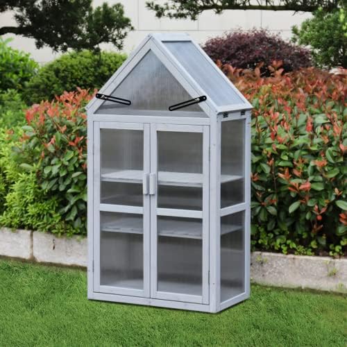 Mini Greenhouse Kit Outdoor, Upgrade Small Green House with Adjustable Shelving, Wood Cold Frame, Plant Stand Cabinet for Indoors Garden Patio Balcony Apartments Porch Outside, UV-Resistant, Gray