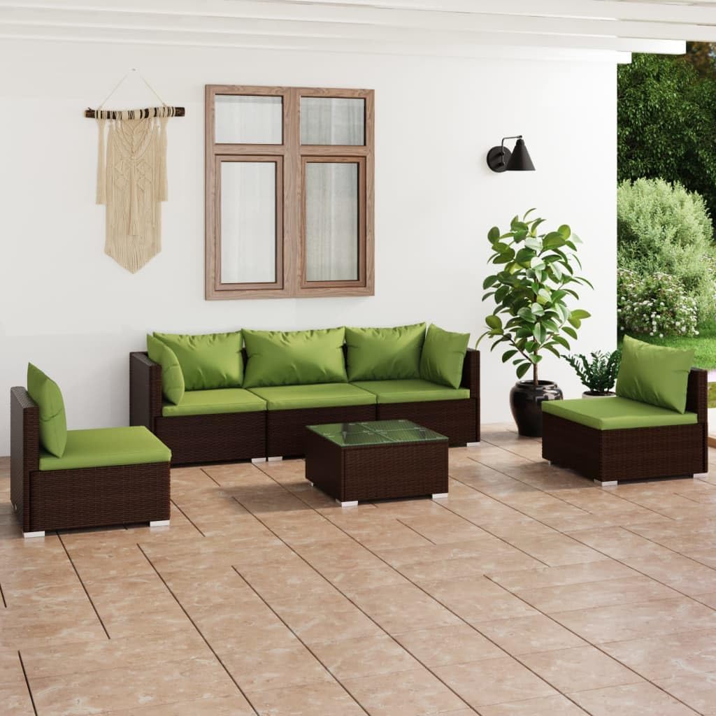 6 Piece Patio Lounge Set with Cushions Poly Rattan Brown,Sturdy Modular Patio Lounge Set Water Resistant PE Rattan for Relaxation and Comfort Outdoor Furniture Sets, Patio Furniture