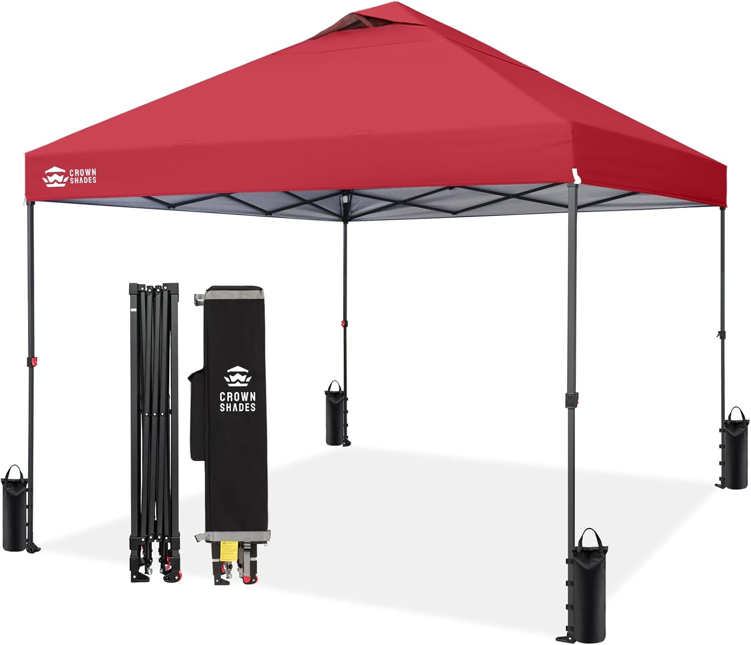 CROWN SHADES 10x10 Pop Up Canopy Tent - Patented Center Lock One Push Instant Outdoor Canopy Beach Tent with STO-N-Go Bag 8 Stakes & 4 Sand Bags，Red