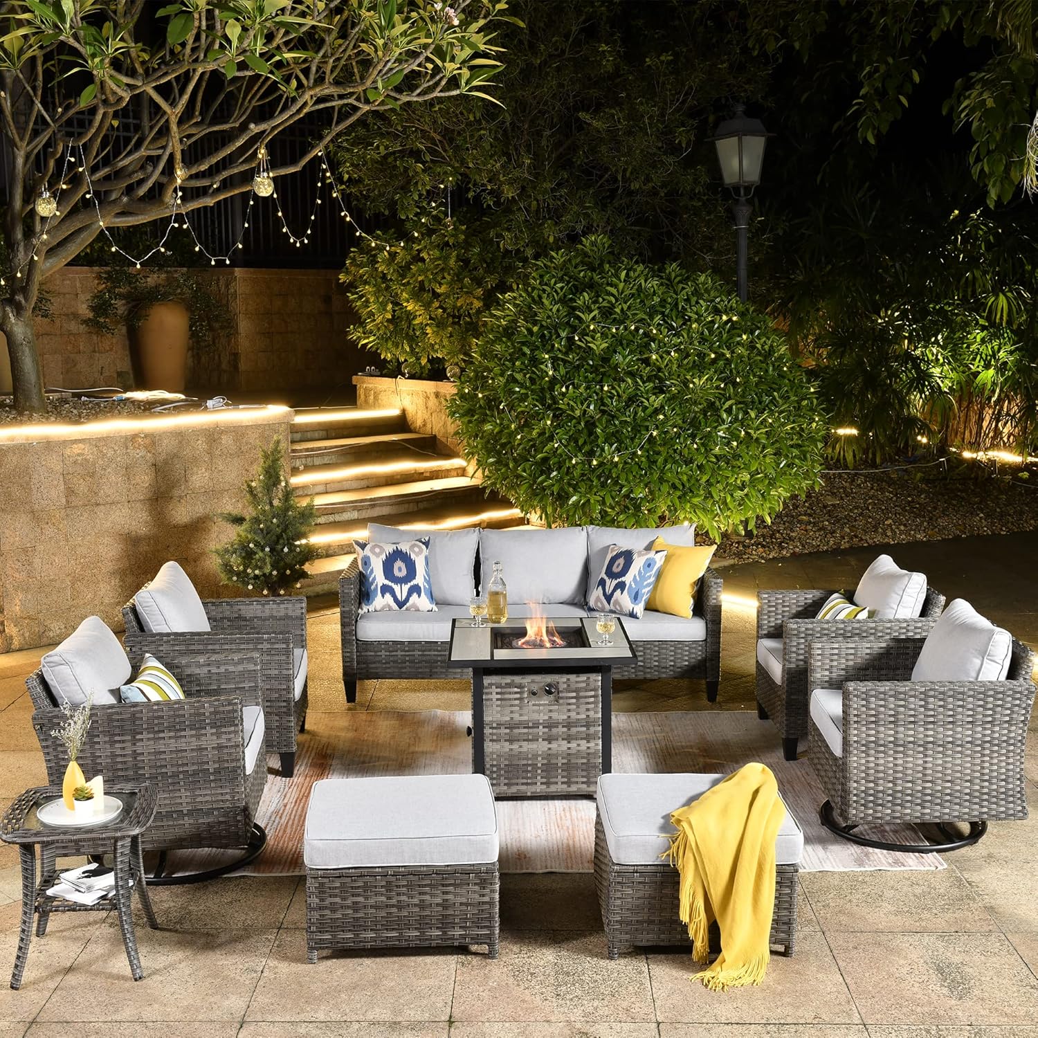ovios 9 Pieces Patio Furniture Set with Square Fire Pit Table, Outdoor Swivel Rocking Chairs, High Back Wicker Rattan Conversation Set for Deck Porch, Grey