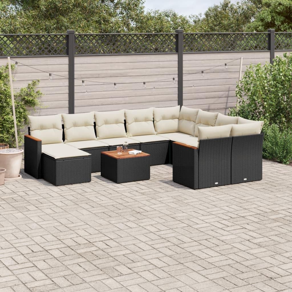 11 Piece Modular Garden Sofa Set Black and Cream White for Outdoor Patio, Modern Woven Sectional Furniture with Removable Cushions and Built-in Storage