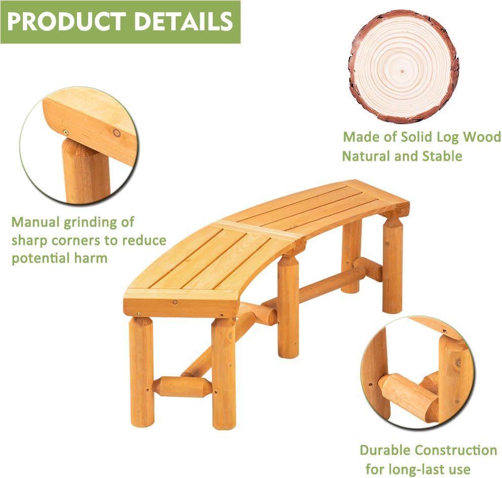 Outdoor Wooden Curved Backless Porch Bench Rustic Style Cedar/Fir Wood Log Fire Pit Bench for Patio Garden Deck and Backyard, 40