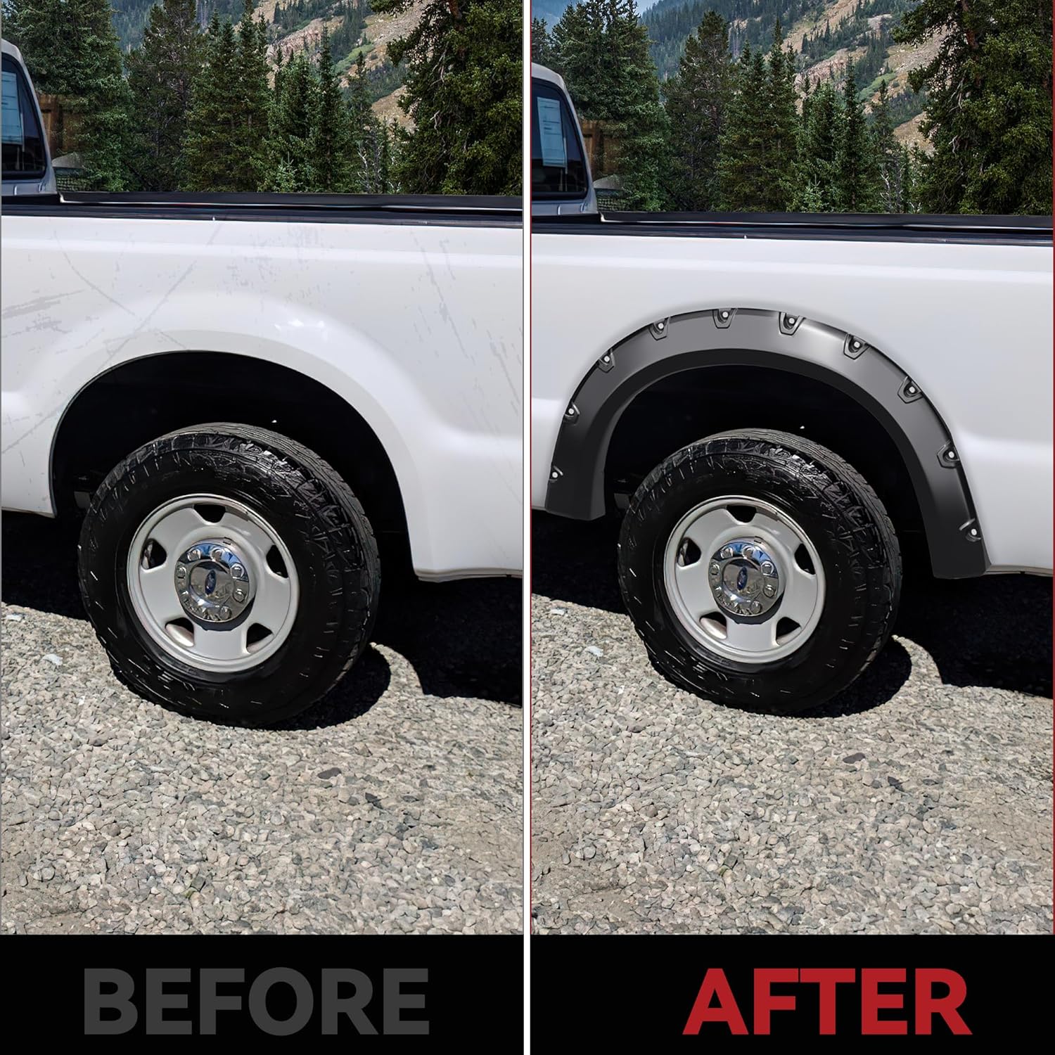 LEDKINGDOMUS Fender Flares Kit Compatible for 1999-2007 Ford F-250 / F-350 / F-450 Super Duty, UV Protected Dura-Flex Material Smooth Black Finish Front Rear Fenders Pocket Rivet Style 4pcs